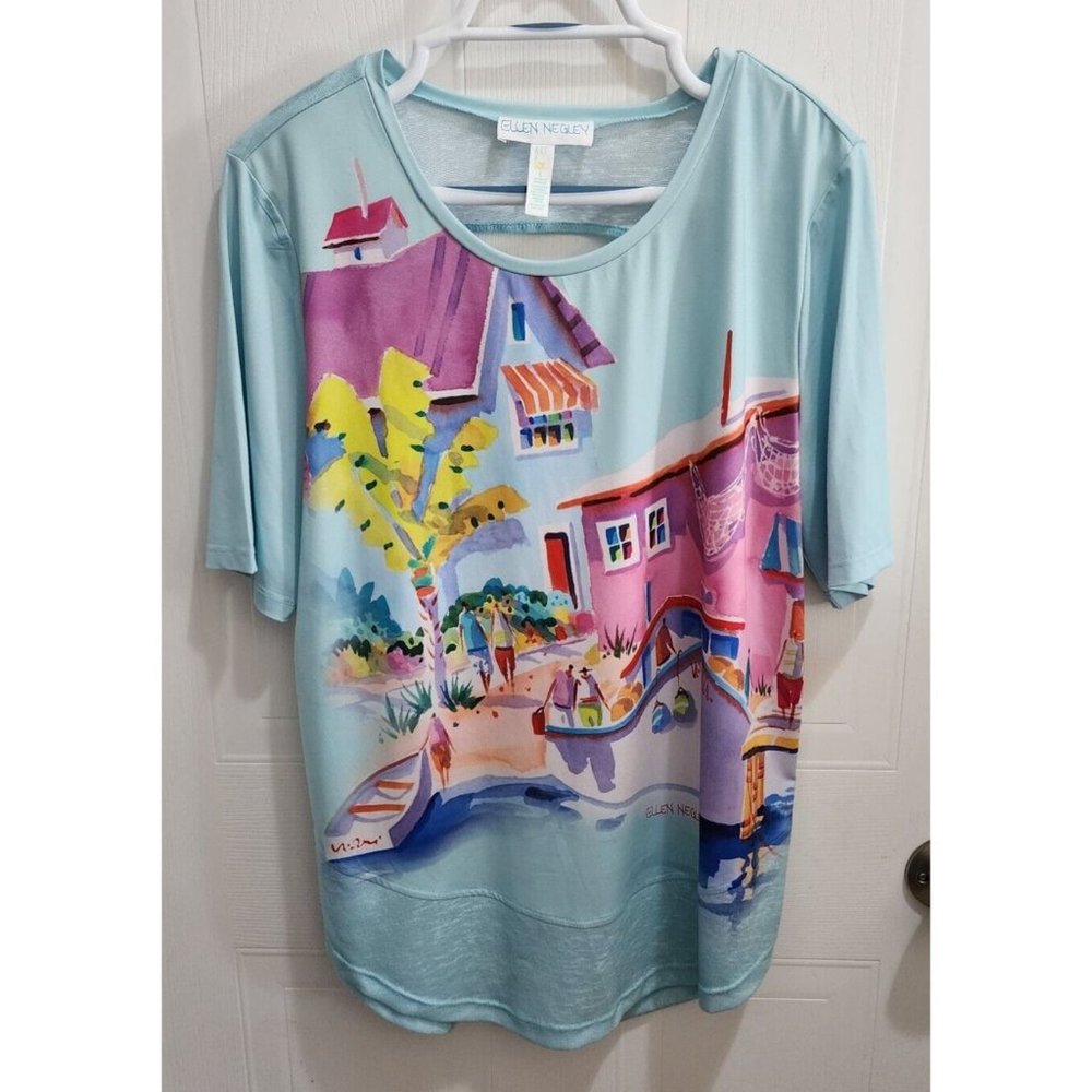 Ellen Negley Art & Sol Women's Short Sleeve Top City Scene Wearable Art Sz Large